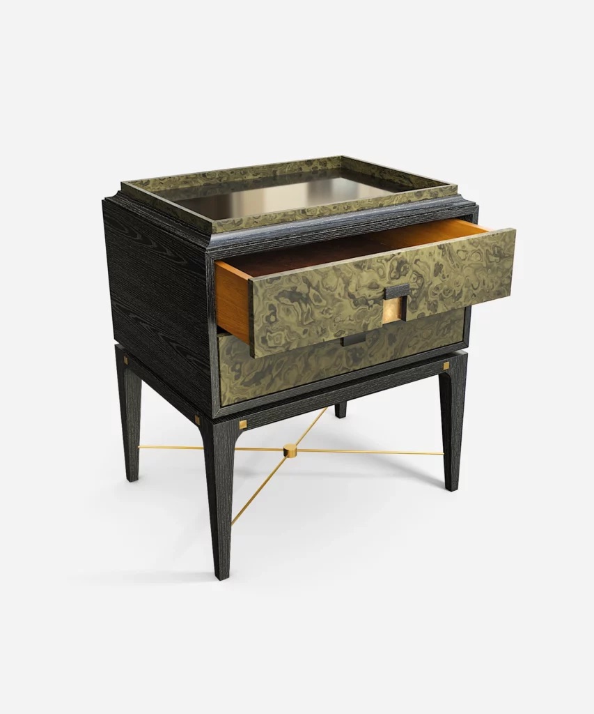 pirinc kaplama modern komodin tasarimi, luxury bedside table pirinc detayli, ozel uretim modern komodin tasarimi, koyu ahsap govdeli modern komodin, pirinc detayli luxury komodin