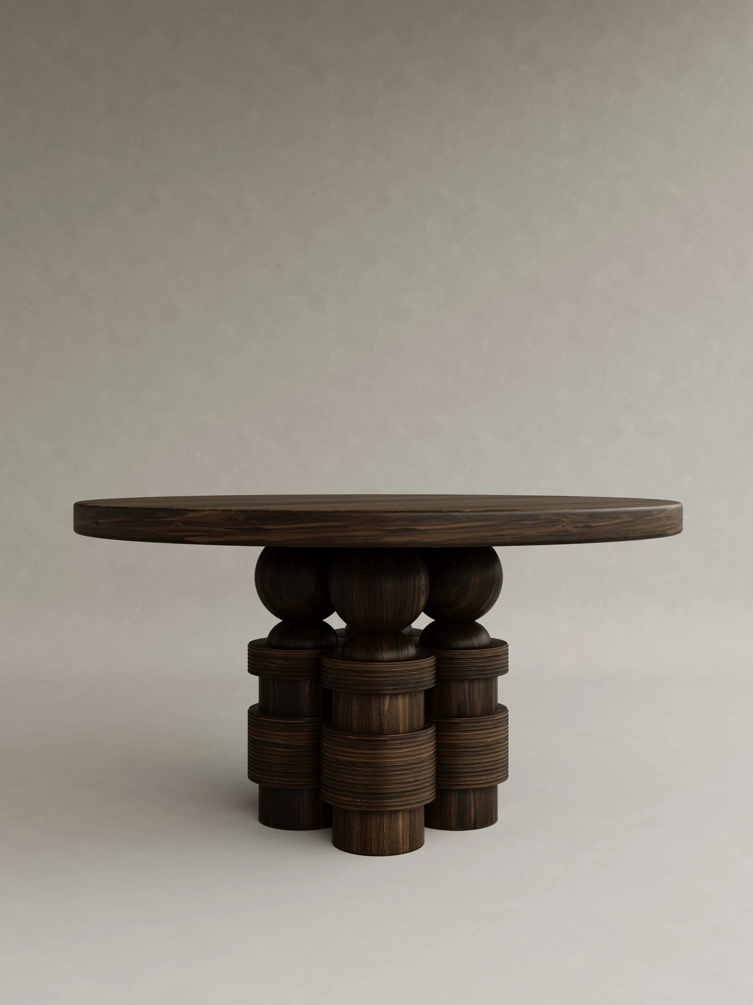 masif ahşap yuvarlak masa çoklu ayak özel üretim, heykelsi dining masa özel ölçü sipariş mobilya, ısmarlama mobilya silindirik ayaklı masa tasarım, modern klasik ahşap masa oyma detaylı, el işçiligi detaylı masa masif ceviz tasarım