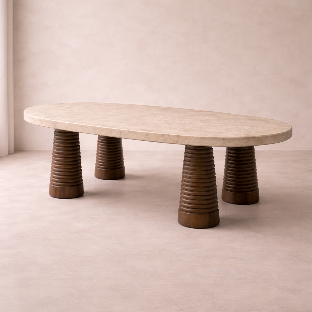 oval traverten masa torna ayaklı, masif ahşap ayaklı yemek masası özel ölçü, modern heykelsi dining table sipariş mobilya, ısmarlama mobilya traverten masa tasarım, artisan torna ayaklı masa doğal taş dining table