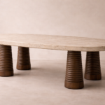 oval traverten masa torna ayaklı, masif ahşap ayaklı yemek masası özel ölçü, modern heykelsi dining table sipariş mobilya, ısmarlama mobilya traverten masa tasarım, artisan torna ayaklı masa doğal taş dining table