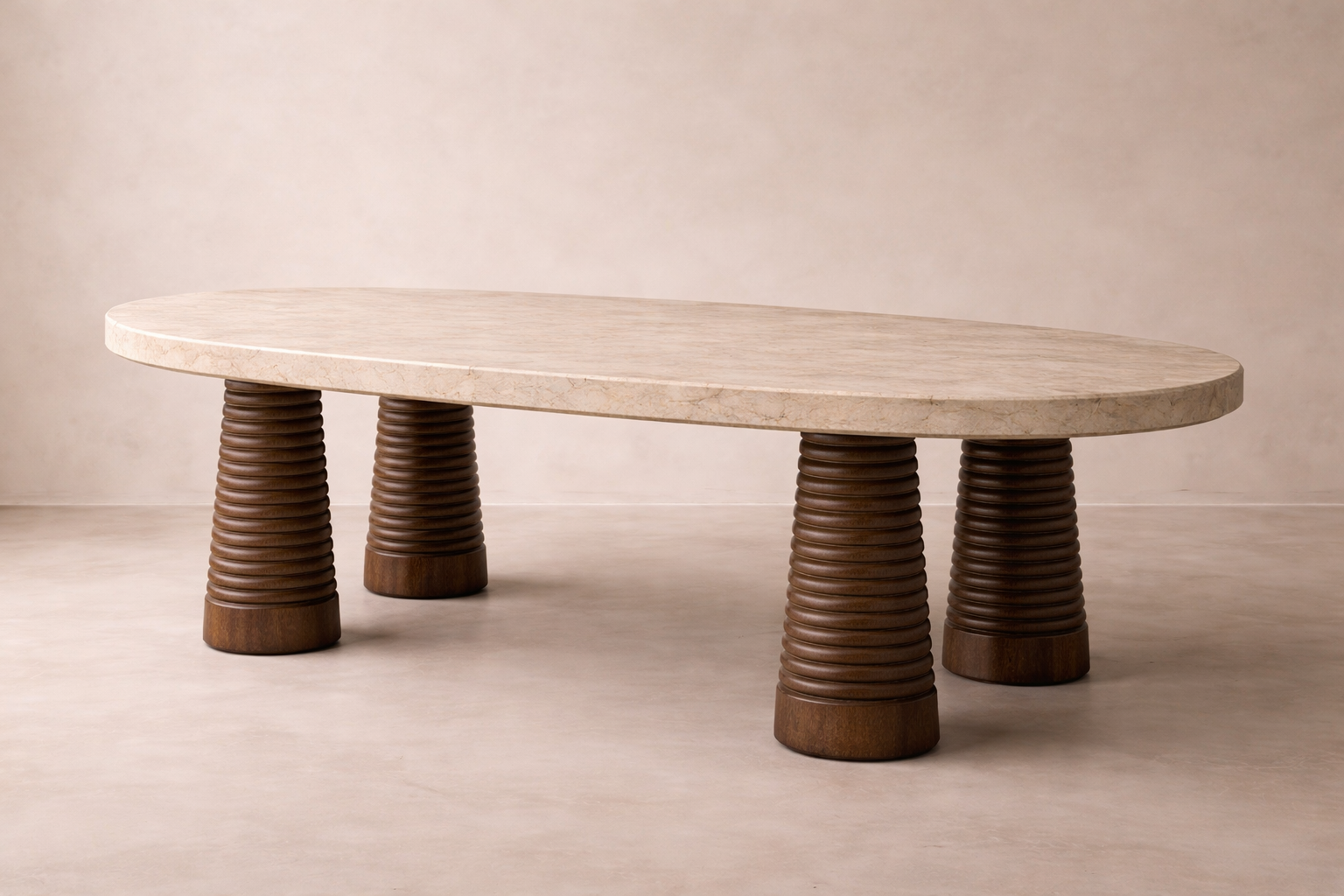 oval traverten masa torna ayaklı, masif ahşap ayaklı yemek masası özel ölçü, modern heykelsi dining table sipariş mobilya, ısmarlama mobilya traverten masa tasarım, artisan torna ayaklı masa doğal taş dining table