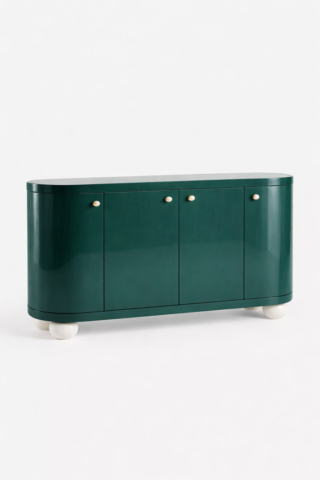 yesil lake oval form bufe tasarimi, pirinc kulplu modern sideboard, ozel uretim lake bufe dolabi, kure ayakli modern bufe tasarimi, high gloss modern bufe
