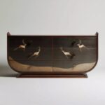 kavisli koyu ahşap dresuar el işçiligi, kakma desenli özel ölçü konsol, modern sanat objesi dresuar tasarım, sipariş mobilya dekoratif console, ısmarlama mobilya çekmeceli dresuar