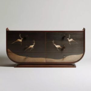 kavisli koyu ahşap dresuar el işçiligi, kakma desenli özel ölçü konsol, modern sanat objesi dresuar tasarım, sipariş mobilya dekoratif console, ısmarlama mobilya çekmeceli dresuar