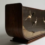 kavisli koyu ahşap dresuar el işçiligi, kakma desenli özel ölçü konsol, modern sanat objesi dresuar tasarım, sipariş mobilya dekoratif console, ısmarlama mobilya çekmeceli dresuar