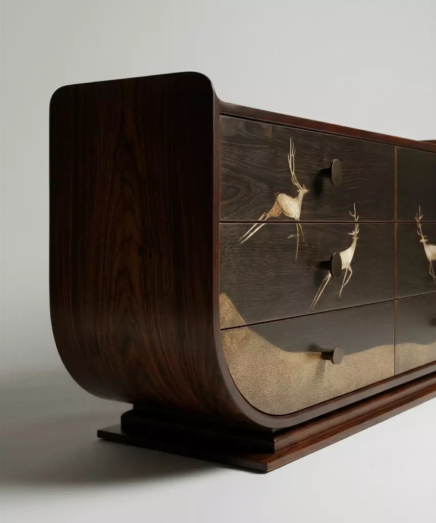 kavisli koyu ahşap dresuar el işçiligi, kakma desenli özel ölçü konsol, modern sanat objesi dresuar tasarım, sipariş mobilya dekoratif console, ısmarlama mobilya çekmeceli dresuar