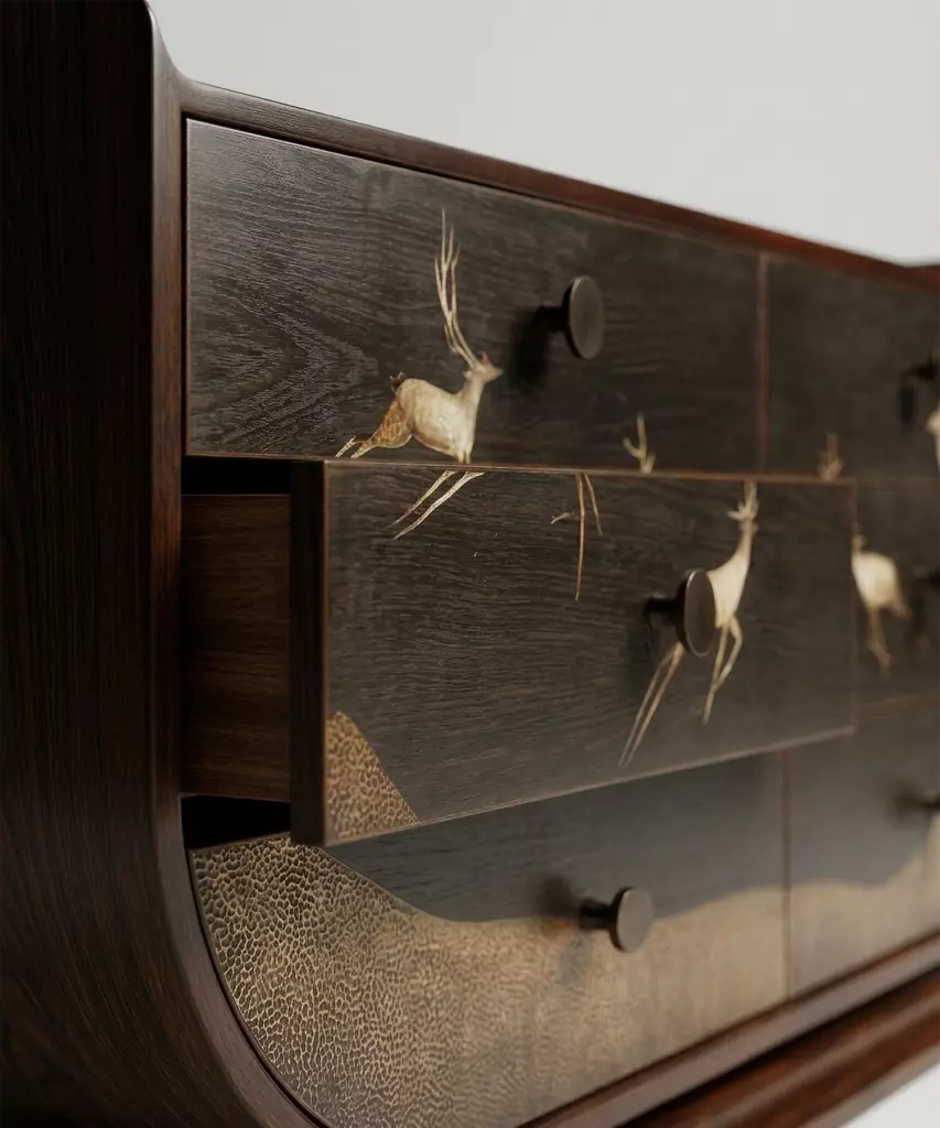 kavisli koyu ahşap dresuar el işçiligi, kakma desenli özel ölçü konsol, modern sanat objesi dresuar tasarım, sipariş mobilya dekoratif console, ısmarlama mobilya çekmeceli dresuar