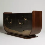 kavisli koyu ahşap dresuar el işçiligi, kakma desenli özel ölçü konsol, modern sanat objesi dresuar tasarım, sipariş mobilya dekoratif console, ısmarlama mobilya çekmeceli dresuar