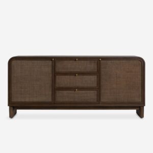 meşe gövdeli rattan panel büfe, japandi tarzı doğal ahşap sideboard tasarımı, masif meşe çekmeceli rattan kapaklı büfe, özel üretim skandinav stil büfe dolabı, doğal dokulu minimal ahşap büfe