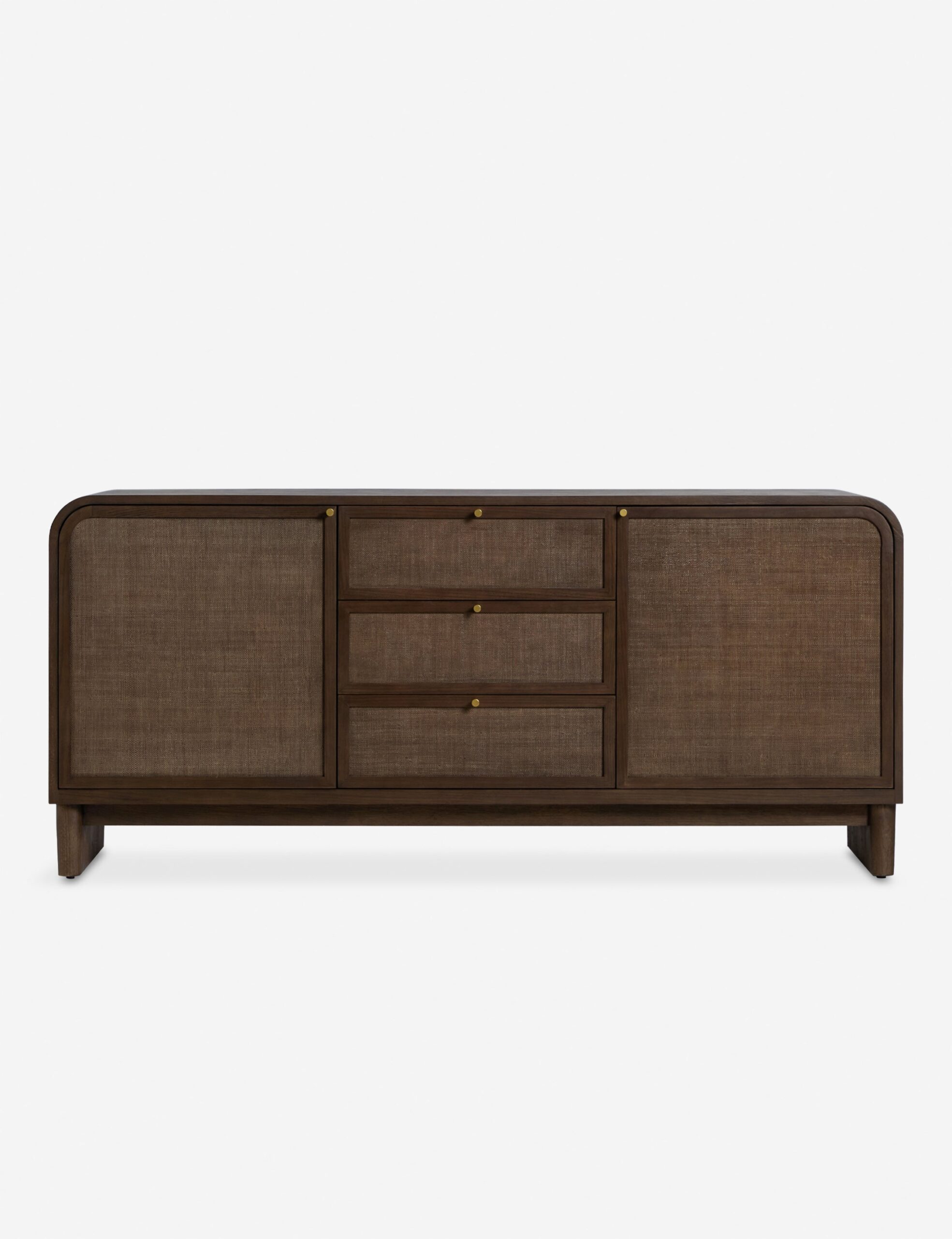 meşe gövdeli rattan panel büfe, japandi tarzı doğal ahşap sideboard tasarımı, masif meşe çekmeceli rattan kapaklı büfe, özel üretim skandinav stil büfe dolabı, doğal dokulu minimal ahşap büfe