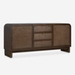 meşe gövdeli rattan panel büfe, japandi tarzı doğal ahşap sideboard tasarımı, masif meşe çekmeceli rattan kapaklı büfe, özel üretim skandinav stil büfe dolabı, doğal dokulu minimal ahşap büfe