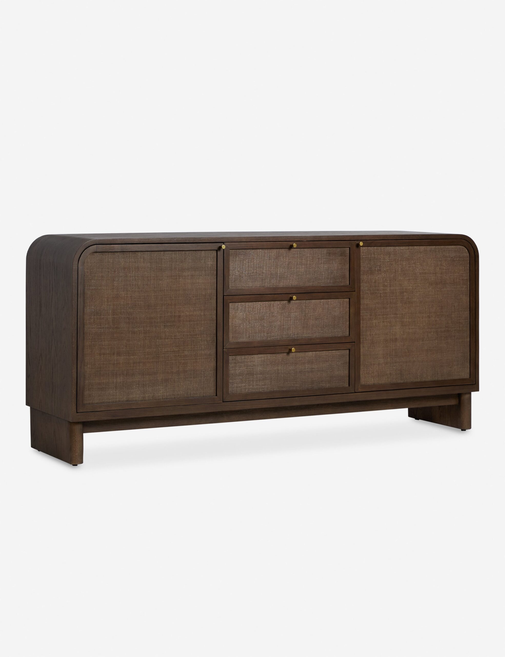 meşe gövdeli rattan panel büfe, japandi tarzı doğal ahşap sideboard tasarımı, masif meşe çekmeceli rattan kapaklı büfe, özel üretim skandinav stil büfe dolabı, doğal dokulu minimal ahşap büfe