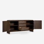 meşe gövdeli rattan panel büfe, japandi tarzı doğal ahşap sideboard tasarımı, masif meşe çekmeceli rattan kapaklı büfe, özel üretim skandinav stil büfe dolabı, doğal dokulu minimal ahşap büfe