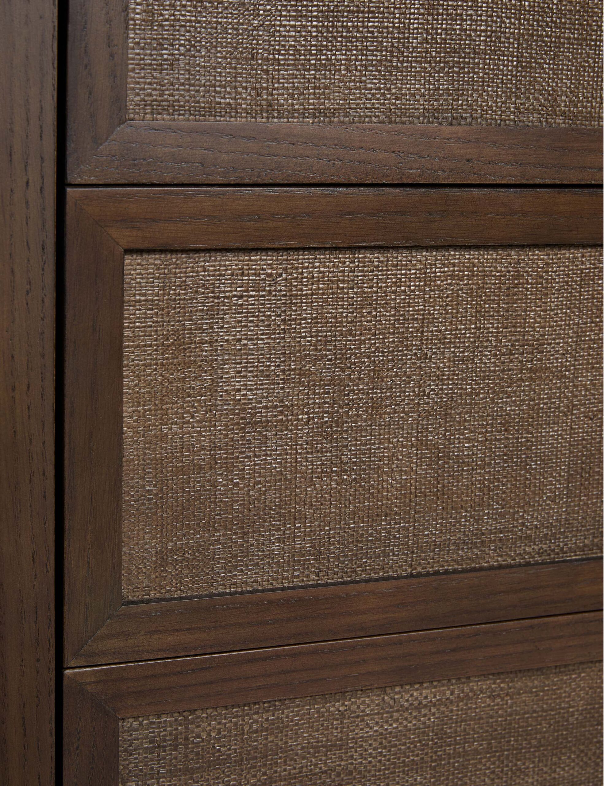 meşe gövdeli rattan panel büfe, japandi tarzı doğal ahşap sideboard tasarımı, masif meşe çekmeceli rattan kapaklı büfe, özel üretim skandinav stil büfe dolabı, doğal dokulu minimal ahşap büfe