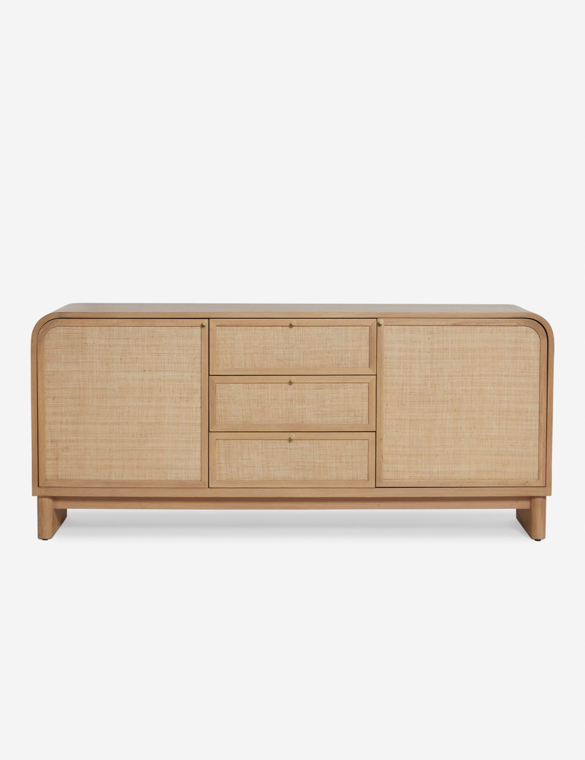 meşe gövdeli rattan panel büfe, japandi tarzı doğal ahşap sideboard tasarımı, masif meşe çekmeceli rattan kapaklı büfe, özel üretim skandinav stil büfe dolabı, doğal dokulu minimal ahşap büfe
