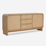 meşe gövdeli rattan panel büfe, japandi tarzı doğal ahşap sideboard tasarımı, masif meşe çekmeceli rattan kapaklı büfe, özel üretim skandinav stil büfe dolabı, doğal dokulu minimal ahşap büfe