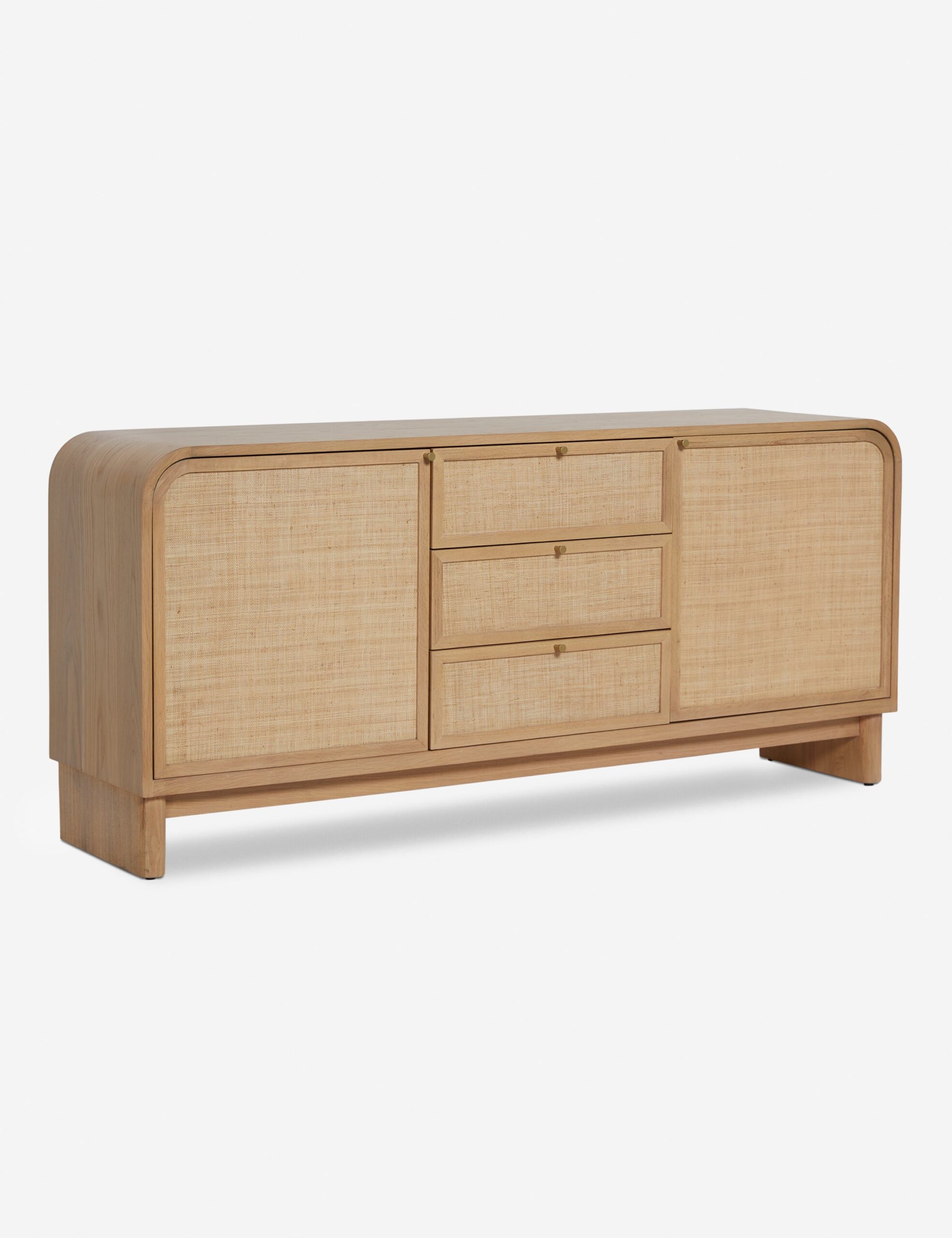meşe gövdeli rattan panel büfe, japandi tarzı doğal ahşap sideboard tasarımı, masif meşe çekmeceli rattan kapaklı büfe, özel üretim skandinav stil büfe dolabı, doğal dokulu minimal ahşap büfe