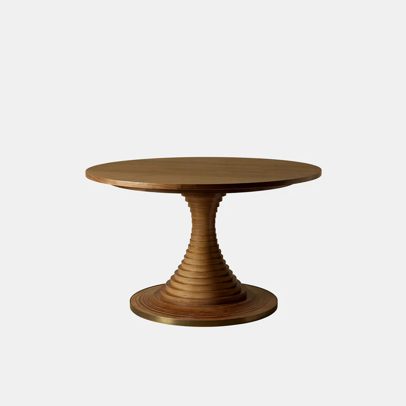 tek ayaklı yuvarlak masa masif ahşap özel üretim, konik ayaklı pedestal masa özel ölçü sipariş mobilya, ısmarlama mobilya minimal dining table ahşap tasarım, kademeli ayaklı masa modern klasik stil, masif meşe yuvarlak masa heykelsi form tasarım