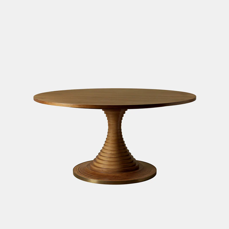tek ayaklı yuvarlak masa masif ahşap özel üretim, konik ayaklı pedestal masa özel ölçü sipariş mobilya, ısmarlama mobilya minimal dining table ahşap tasarım, kademeli ayaklı masa modern klasik stil, masif meşe yuvarlak masa heykelsi form tasarım