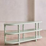 torna ayaklı açık raflı dresuar, lake yüzey üç katlı konsol masa, oval köşeli modern dresuar tasarımı, özel üretim dekoratif açık raflı dresuar, modern klasik torna ayaklı konsol masası