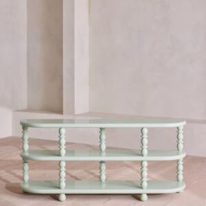 torna ayaklı açık raflı dresuar, lake yüzey üç katlı konsol masa, oval köşeli modern dresuar tasarımı, özel üretim dekoratif açık raflı dresuar, modern klasik torna ayaklı konsol masası