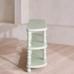 torna ayaklı açık raflı dresuar, lake yüzey üç katlı konsol masa, oval köşeli modern dresuar tasarımı, özel üretim dekoratif açık raflı dresuar, modern klasik torna ayaklı konsol masası