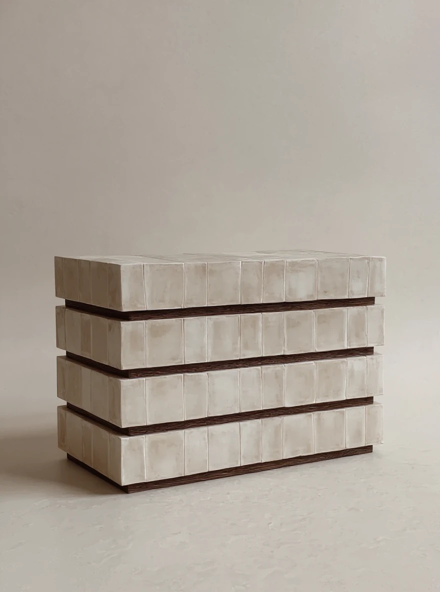 seramik kaplama şifonyer modüler yüzey özel üretim, katmanlı şifonyer özel ölçü sipariş mobilya, ısmarlama mobilya modern minimal şifonyer tasarım, seramik panel depolama ünitesi ahşap detaylı, dokulu yüzey şifonyer mimari tasarım mobilya