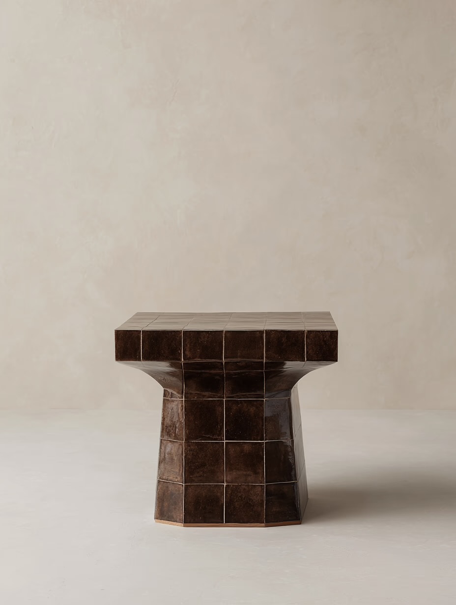 seramik karo kaplamalı modern sehpa tasarımı, heykelsi blok form yan sehpa tasarımı, özel üretim seramik kaplama side table, grid dokulu modern sehpa tasarımı, modern mimari form dekoratif sehpa