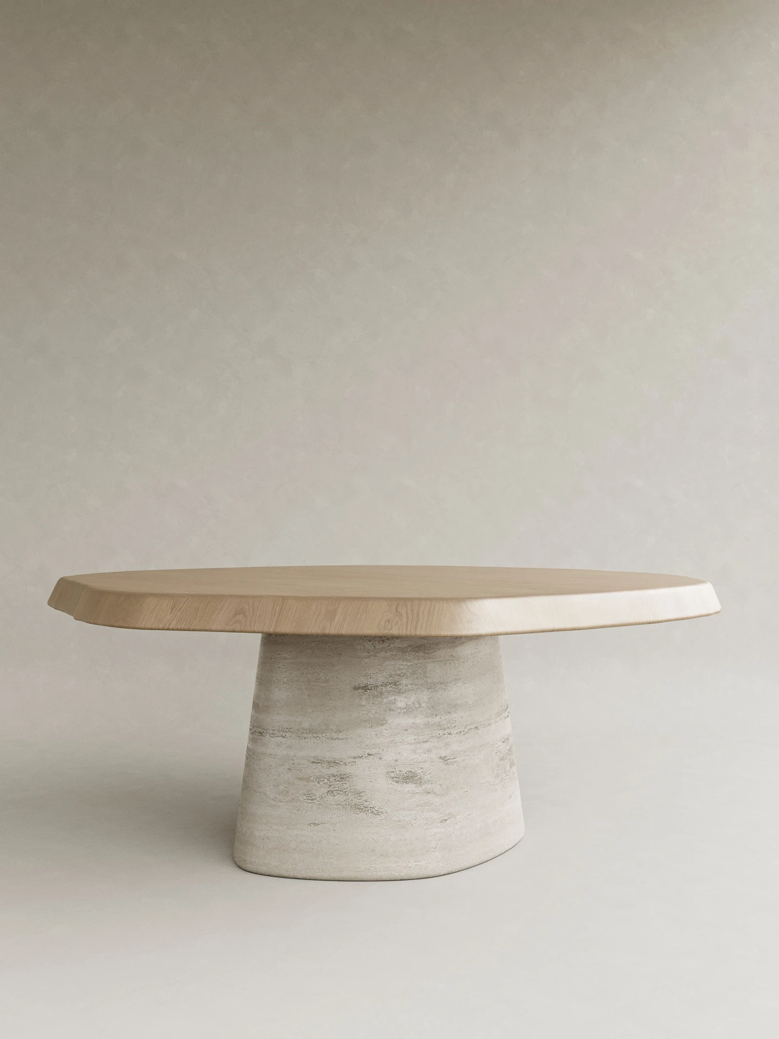 organik formlu masif ahşap masa özel ölçü, traverten ayaklı yuvarlak masa sipariş mobilya, ısmarlama mobilya doğal kenar dining table, heykelsi minimal masa tasarım, japandi stil ahşap masa doğal taş ayak