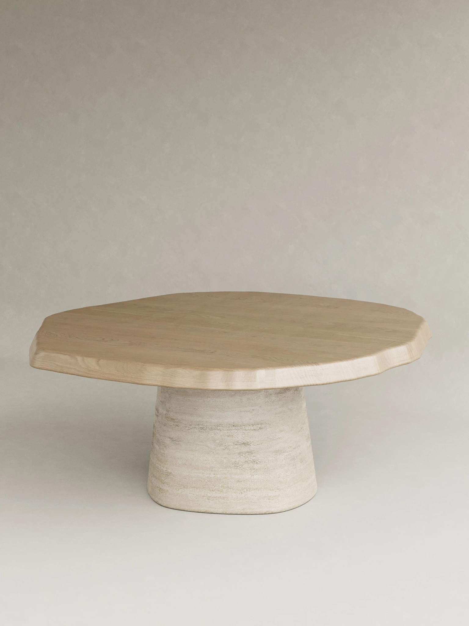 organik formlu masif ahşap masa özel ölçü, traverten ayaklı yuvarlak masa sipariş mobilya, ısmarlama mobilya doğal kenar dining table, heykelsi minimal masa tasarım, japandi stil ahşap masa doğal taş ayak