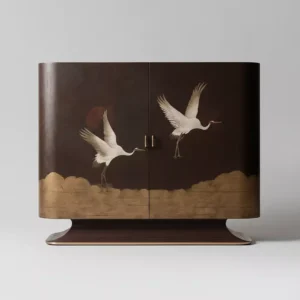 el boyama turna motifli amerikan bar dolabı, art deco lake panel bar cabinet tasarımı, turna kuşu dekorlu lüks bar dolabı, özel üretim sanatsal amerikan bar mobilyası, japon sanatından ilham alan bar kabini