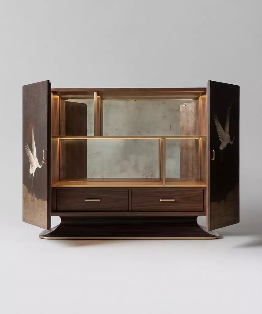 el boyama turna motifli amerikan bar dolabı, art deco lake panel bar cabinet tasarımı, turna kuşu dekorlu lüks bar dolabı, özel üretim sanatsal amerikan bar mobilyası, japon sanatından ilham alan bar kabini