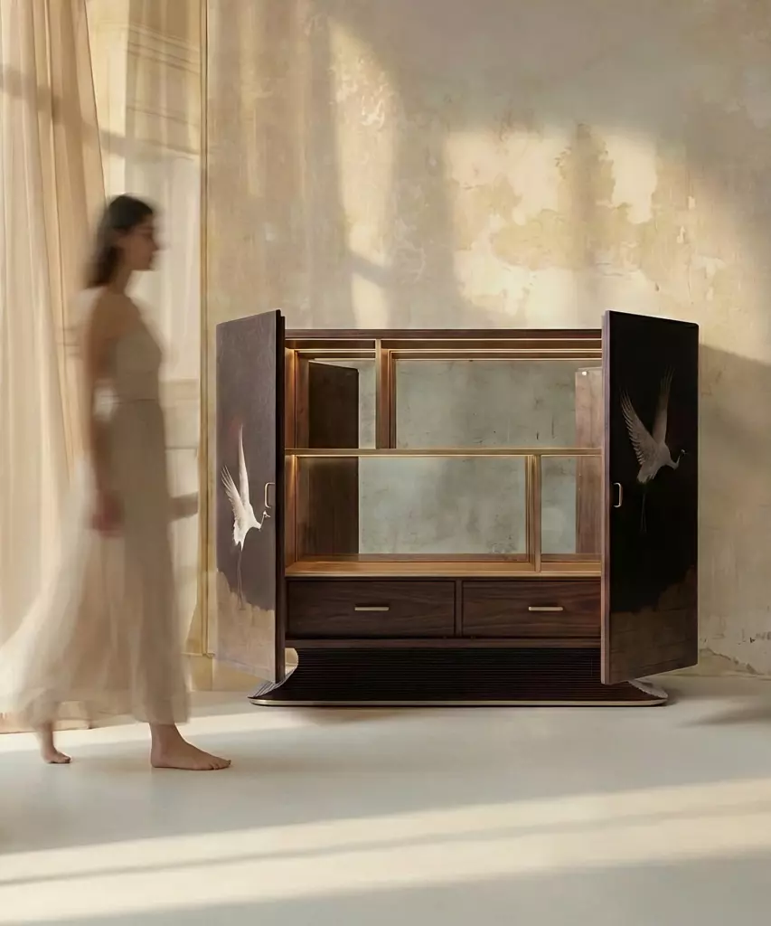 el boyama turna motifli amerikan bar dolabı, art deco lake panel bar cabinet tasarımı, turna kuşu dekorlu lüks bar dolabı, özel üretim sanatsal amerikan bar mobilyası, japon sanatından ilham alan bar kabini