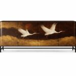 el boyama turna motifli lake bufe tasarimi, japon esintili sanatsal panel modern bufe, ozel uretim dekoratif sanat bufe tasarimi, modern metal ayakli lake sideboard tasarimi, turna motifli sanatsal modern bufe