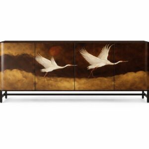 el boyama turna motifli lake bufe tasarimi, japon esintili sanatsal panel modern bufe, ozel uretim dekoratif sanat bufe tasarimi, modern metal ayakli lake sideboard tasarimi, turna motifli sanatsal modern bufe