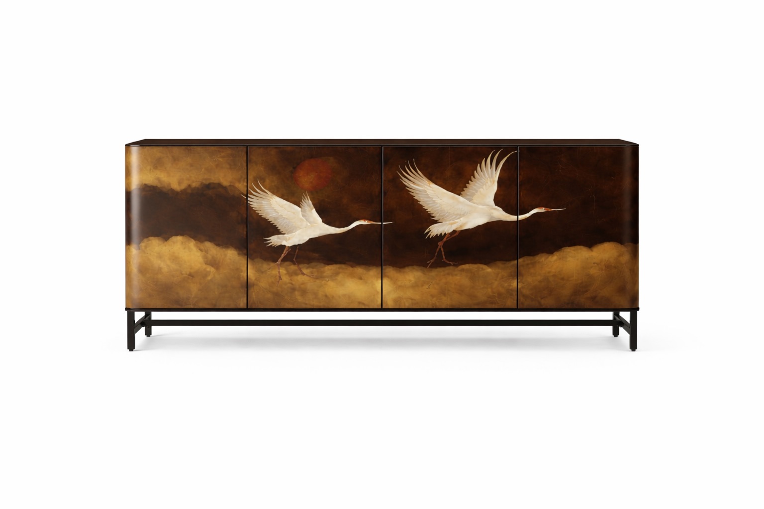 el boyama turna motifli lake bufe tasarimi, japon esintili sanatsal panel modern bufe, ozel uretim dekoratif sanat bufe tasarimi, modern metal ayakli lake sideboard tasarimi, turna motifli sanatsal modern bufe