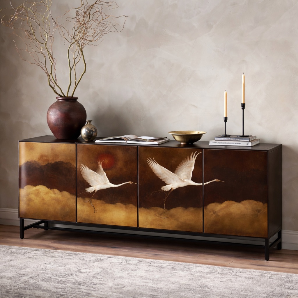 el boyama turna motifli lake bufe tasarimi, japon esintili sanatsal panel modern bufe, ozel uretim dekoratif sanat bufe tasarimi, modern metal ayakli lake sideboard tasarimi, turna motifli sanatsal modern bufe