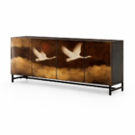 el boyama turna motifli lake bufe tasarimi, japon esintili sanatsal panel modern bufe, ozel uretim dekoratif sanat bufe tasarimi, modern metal ayakli lake sideboard tasarimi, turna motifli sanatsal modern bufe