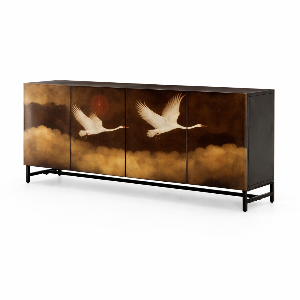 el boyama turna motifli lake bufe tasarimi, japon esintili sanatsal panel modern bufe, ozel uretim dekoratif sanat bufe tasarimi, modern metal ayakli lake sideboard tasarimi, turna motifli sanatsal modern bufe