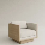 masif ahşap kasalı koltuk dokulu yüzey özel ölçü, boucle kumaş modern koltuk sipariş mobilya, ısmarlama mobilya heykelsi ahşap koltuk tasarım, doğal meşe kasa modern koltuk minimal stil, özel üretim modern koltuk ahşap detay