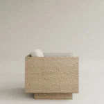 masif ahşap kasalı koltuk dokulu yüzey özel ölçü, boucle kumaş modern koltuk sipariş mobilya, ısmarlama mobilya heykelsi ahşap koltuk tasarım, doğal meşe kasa modern koltuk minimal stil, özel üretim modern koltuk ahşap detay