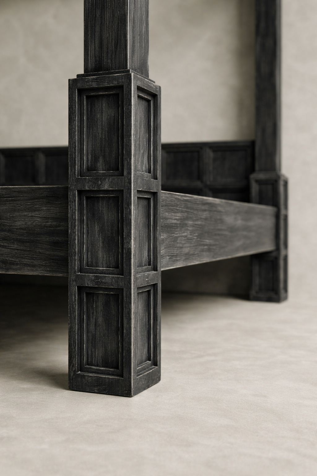 dört direkli masif ahşap karyola, panel başlıklı siyah ahşap yatak çerçevesi, modern rustik dört dikmeli yatak tasarımı, özel üretim masif ahşap canopy bed, mimari form siyah ahşap karyola