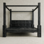 dört direkli masif ahşap karyola, panel başlıklı siyah ahşap yatak çerçevesi, modern rustik dört dikmeli yatak tasarımı, özel üretim masif ahşap canopy bed, mimari form siyah ahşap karyola