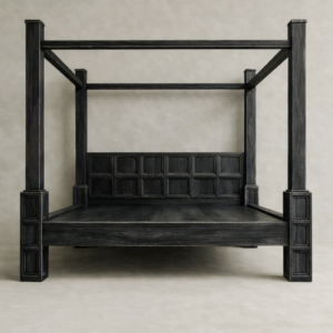 dört direkli masif ahşap karyola, panel başlıklı siyah ahşap yatak çerçevesi, modern rustik dört dikmeli yatak tasarımı, özel üretim masif ahşap canopy bed, mimari form siyah ahşap karyola