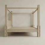 dört direkli masif ahşap karyola, panel başlıklı siyah ahşap yatak çerçevesi, modern rustik dört dikmeli yatak tasarımı, özel üretim masif ahşap canopy bed, mimari form siyah ahşap karyola