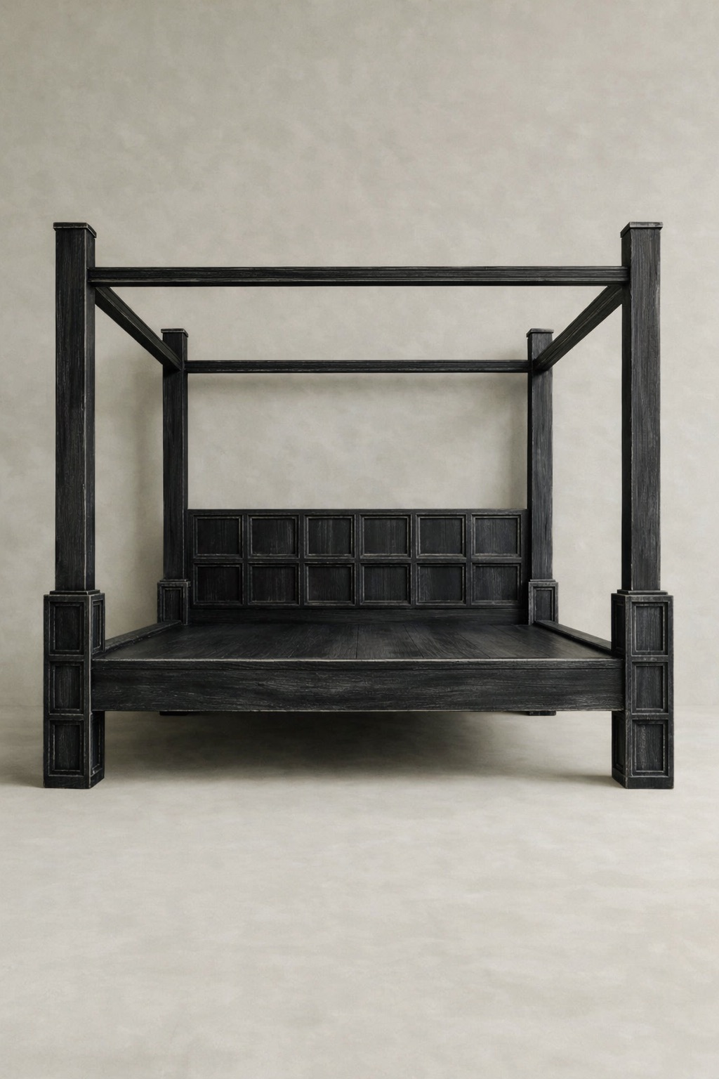 dört direkli masif ahşap karyola, panel başlıklı siyah ahşap yatak çerçevesi, modern rustik dört dikmeli yatak tasarımı, özel üretim masif ahşap canopy bed, mimari form siyah ahşap karyola