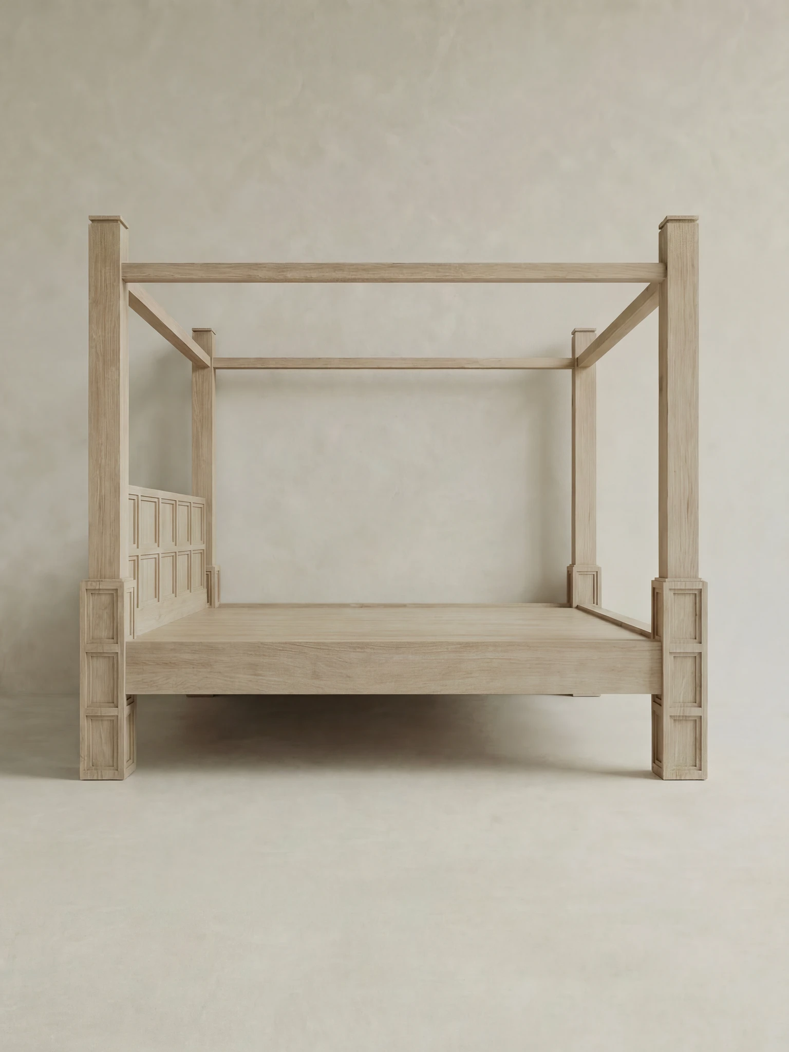 dört direkli masif ahşap karyola, panel başlıklı siyah ahşap yatak çerçevesi, modern rustik dört dikmeli yatak tasarımı, özel üretim masif ahşap canopy bed, mimari form siyah ahşap karyola