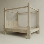 dört direkli masif ahşap karyola, panel başlıklı siyah ahşap yatak çerçevesi, modern rustik dört dikmeli yatak tasarımı, özel üretim masif ahşap canopy bed, mimari form siyah ahşap karyola