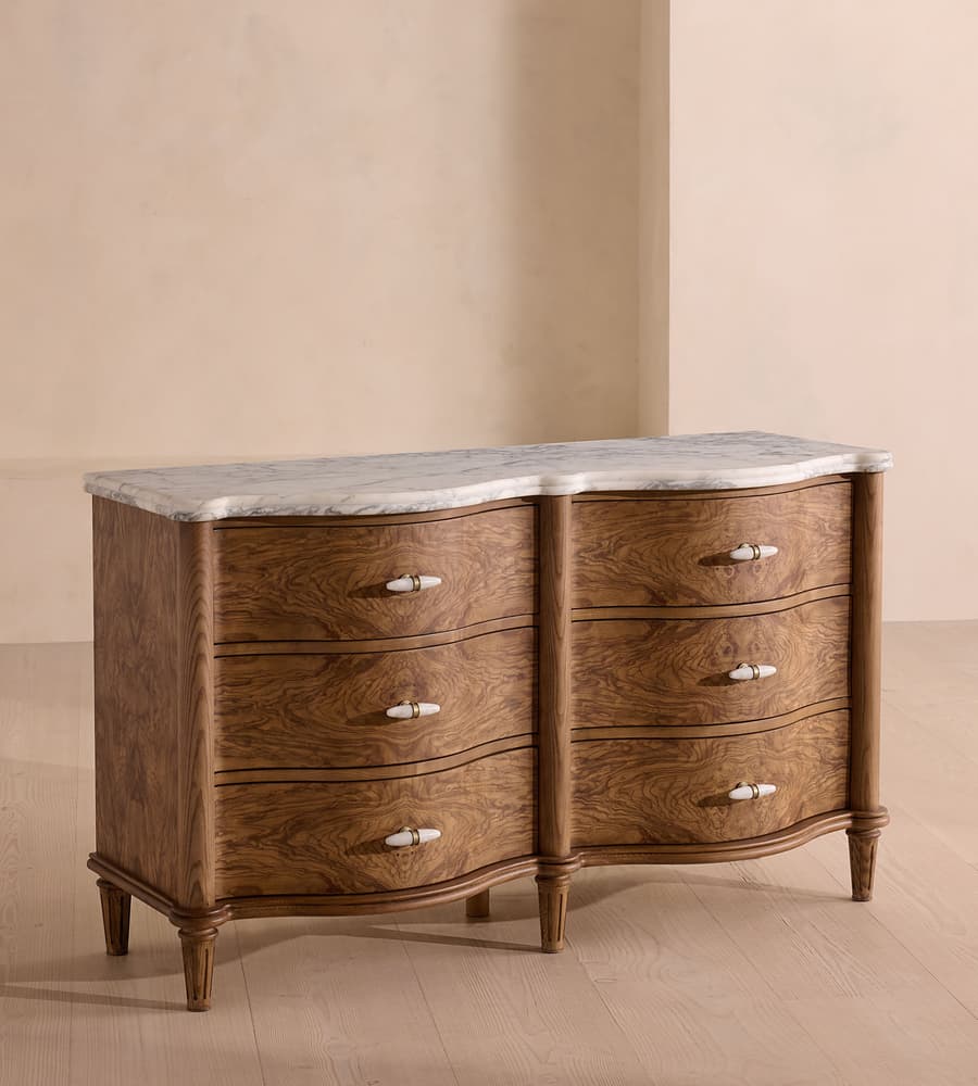 kök kaplama dalgalı çekmeceli şifonyer, mermer tablalı luxury ahşap şifonyer, pirinç kulplu modern klasik chest, özel üretim kök kaplama çekmeceli dolap, dalgalı form tasarım şifonyer