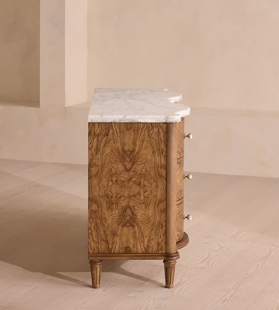 kök kaplama dalgalı çekmeceli şifonyer, mermer tablalı luxury ahşap şifonyer, pirinç kulplu modern klasik chest, özel üretim kök kaplama çekmeceli dolap, dalgalı form tasarım şifonyer